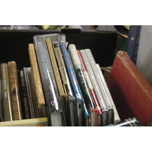 566 - THREE TRAYS OF RAILWAY BOOKS MAINLY HARDBACK (TRAYS NOT INCLUDED)