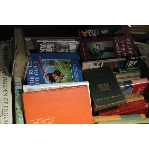 570 - FIVE TRAYS OF MAINLY HARDBACK BOOKS TO INCLUDE WORLD ATLASES, NATURE, SPORT, ANTIQUE GUIDES ETC