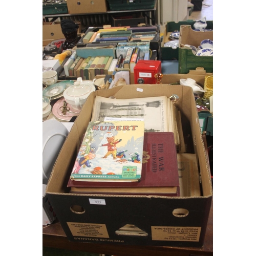 577 - A TRAY CONTAINING A PAIR OF WAR ILLUSTRATED VINTAGE BOOKS, RUPERT BOOK AND A LARGE QUANTITY OF WAR I... 