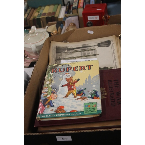 577 - A TRAY CONTAINING A PAIR OF WAR ILLUSTRATED VINTAGE BOOKS, RUPERT BOOK AND A LARGE QUANTITY OF WAR I... 