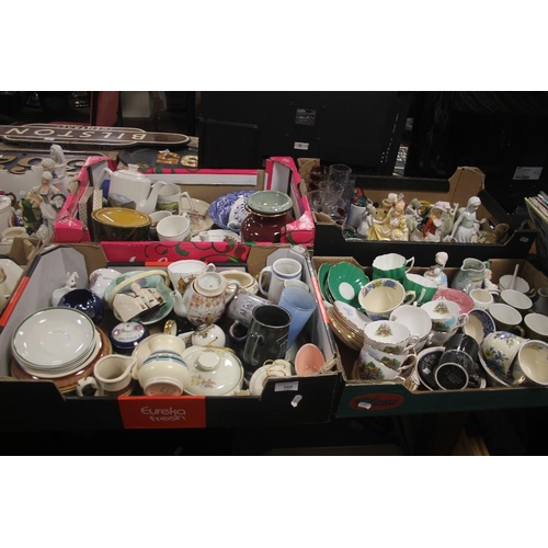 589 - FOUR TRAYS OF CHINA AND GLASSWARE TO INCLUDE ORNAMENTS, VASES, COFFEE POTS MUGS ETC (TRAYS NOT INCLU... 