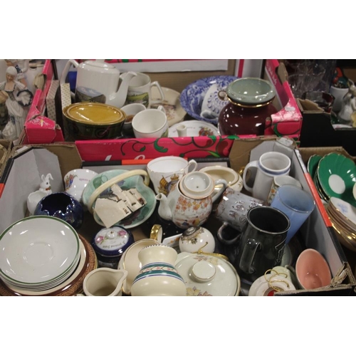 589 - FOUR TRAYS OF CHINA AND GLASSWARE TO INCLUDE ORNAMENTS, VASES, COFFEE POTS MUGS ETC (TRAYS NOT INCLU... 