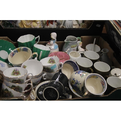 589 - FOUR TRAYS OF CHINA AND GLASSWARE TO INCLUDE ORNAMENTS, VASES, COFFEE POTS MUGS ETC (TRAYS NOT INCLU... 