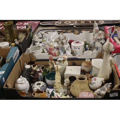 590 - TWO TRAYS CONTAINING CAT AND LADY FIGURINE ORNAMENTS (TRAYS NOT INCLUDED)