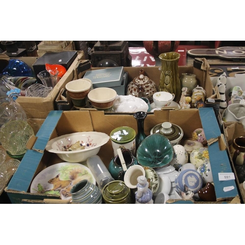 591 - TWO TRAYS CONTAINING CHINA ORNAMENTS, VASES, PLATES, DISHES, TEA POT ETC (TRAYS NOT INCLUDED)