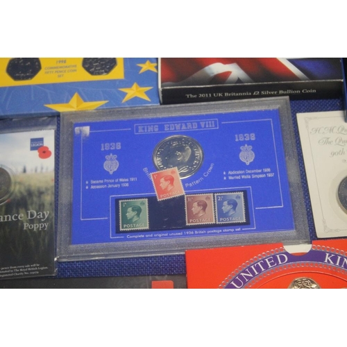 68A - A COLLECTION OF COMMEMORATIVE COINS TO INCLUDE EDWARD VIII MEDALLIONS, STAMPS, COIN SETS ETC