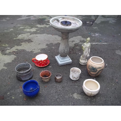 734 - A SELECTION OF PLANTERS WITH A RESIN STATUE AND A RESIN BIRD BATH