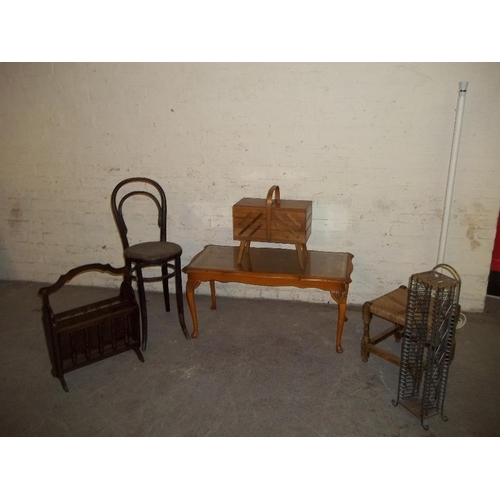 856 - FIVE ITEMS TO INCLUDE AN ANTIQUE CHAIR AND A LEATHER INLAID COFFEE TABLE