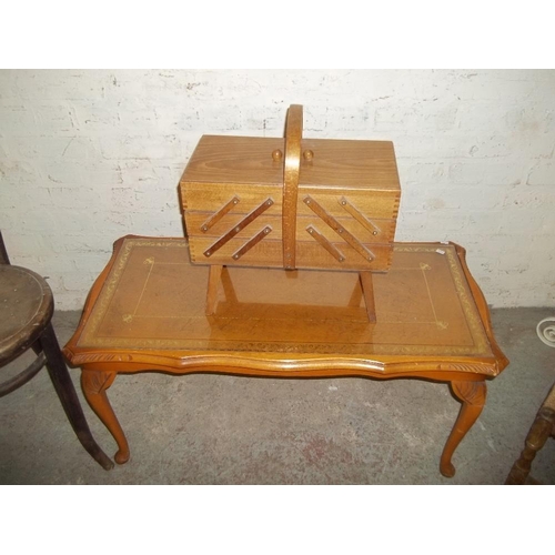 856 - FIVE ITEMS TO INCLUDE AN ANTIQUE CHAIR AND A LEATHER INLAID COFFEE TABLE