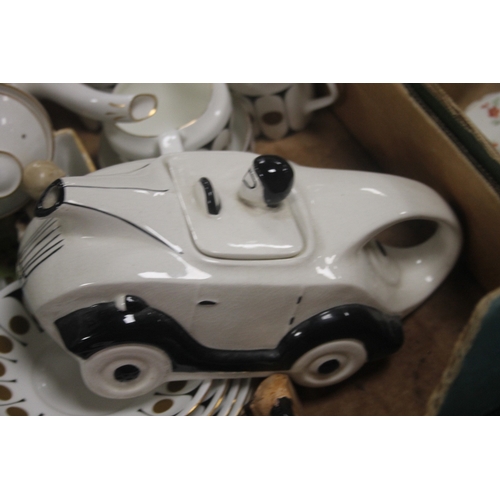 466 - TWO TRAYS OF CERAMICS TO INCLUDE A RACING CAR TEAPOT (TRAYS NOT INCLUDED)