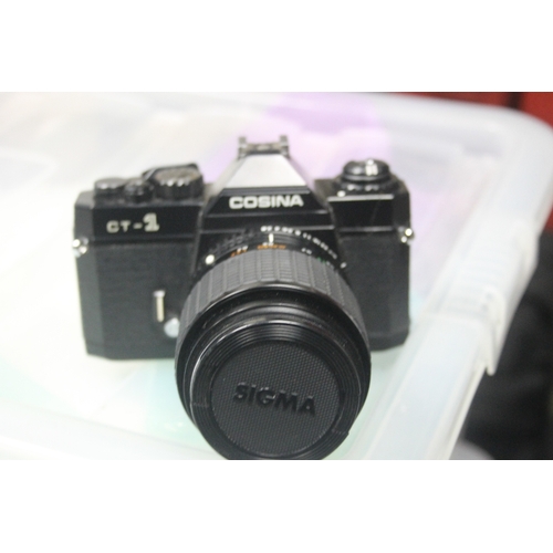 326 - A COLLECTION OF CAMERA'S AND  ACCESSORIES TO INCLUDE A COSINA CAMERA, OLYMPUS, FILMS, FILTERS, CAMER... 