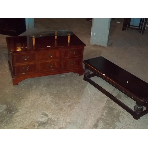 851 - AN OAK LONG SIDE TABLE AND A REPRODUCTION MEDIA TV UNIT ETC