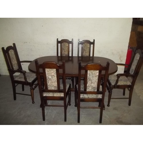 861 - A SOLID OAK EXTENDING DINING SET, TABLE AND 6 CHAIRS TO INCLUDE 2 CARVERS BY OLDE COURT LTD