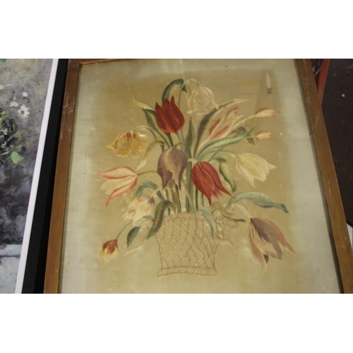 13 - A FRAMED AND GLAZED SILK DEPICTING FLOWERS