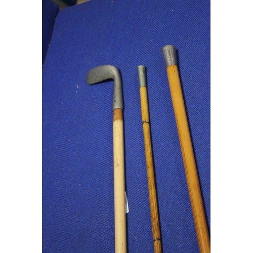 158 - A VINTAGE GOLF CLUB, WALKING CANE AND SWAGGER STICK