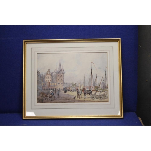 2 - EDWIN HALL (1827-1877) WATER COLOUR OF A TOWN SCENE. SIGNED TWICE, ONCE TO A BARREL (TOWN LOFT AND T... 