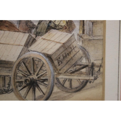 2 - EDWIN HALL (1827-1877) WATER COLOUR OF A TOWN SCENE. SIGNED TWICE, ONCE TO A BARREL (TOWN LOFT AND T... 