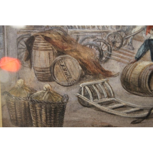 2 - EDWIN HALL (1827-1877) WATER COLOUR OF A TOWN SCENE. SIGNED TWICE, ONCE TO A BARREL (TOWN LOFT AND T... 