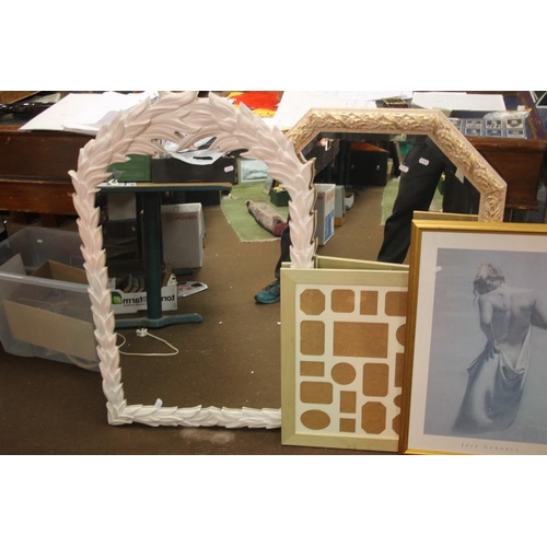 52 - TWO FRAMED MIRRORS, A PICTURE FRAME AND A PRINT