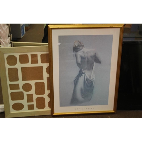 52 - TWO FRAMED MIRRORS, A PICTURE FRAME AND A PRINT