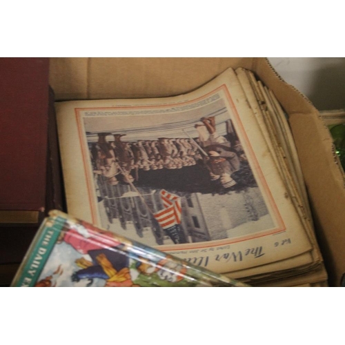 235 - A TRAY CONTAINING A PAIR OF WAR ILLUSTRATED VINTAGE BOOKS, RUPERT BOOK AND A LARGE QUANTITY OF WAR I... 