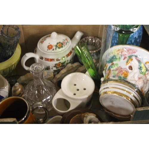 236 - FOUR TRAYS OF ASSORTED CERAMICS AND GLASSWARE TO INCLUDE COMMEMORATIVE MUGS (TRAYS NOT INCLUDED)