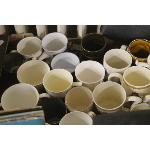 237 - TRAY OF MUGS AND CHINA INCLUDING COMMENORATIVE (TRAY NOT INCLUDED)