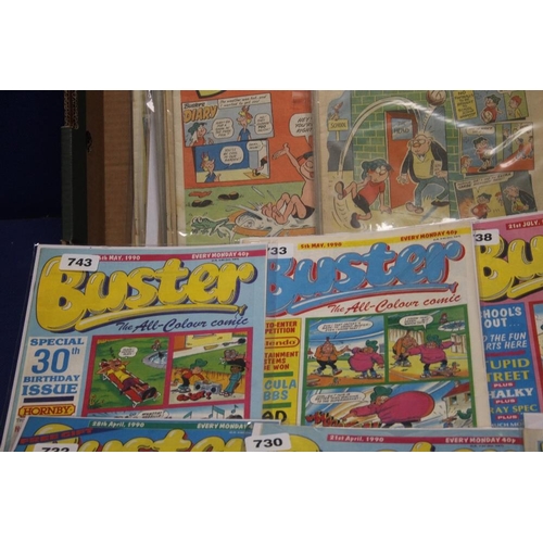 112 - A TRAY OF COMICS to include Buster 1978, 1983, 1984, 1990 together with a small quantity of Bunty co... 