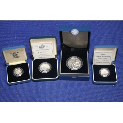 102 - SILVER PROOFS £1- 1995 ND 1997, £2- 1995 ND £5 2012 IN CASES OF ISSUE, WITH COA'S (4)