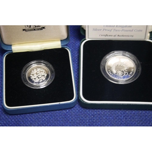 102 - SILVER PROOFS £1- 1995 ND 1997, £2- 1995 ND £5 2012 IN CASES OF ISSUE, WITH COA'S (4)