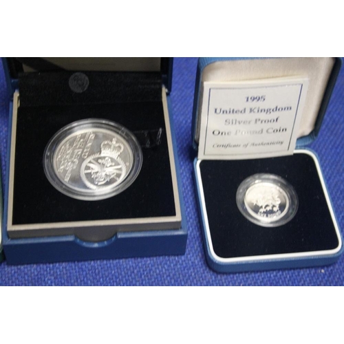 102 - SILVER PROOFS £1- 1995 ND 1997, £2- 1995 ND £5 2012 IN CASES OF ISSUE, WITH COA'S (4)