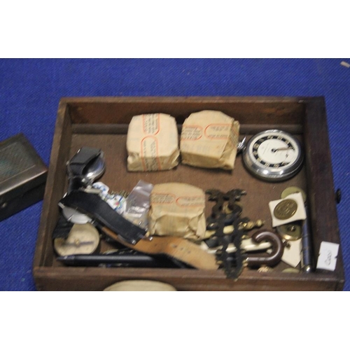 104 - A SMALL BOX OF COLLECTABLES TO INCLUDE STOP WATCH, WRIST WATCHES ETC