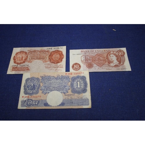 106 - A SMALL COLLECTION OF BANK NOTES TO INCLUDE 2 10 SHILLING NOTES AND A 1 POUND NOTE