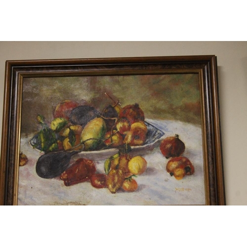 23 - AN OIL ON BOARD SCENE OF FRUIT ON A TABLE 49 CM X 39 CM