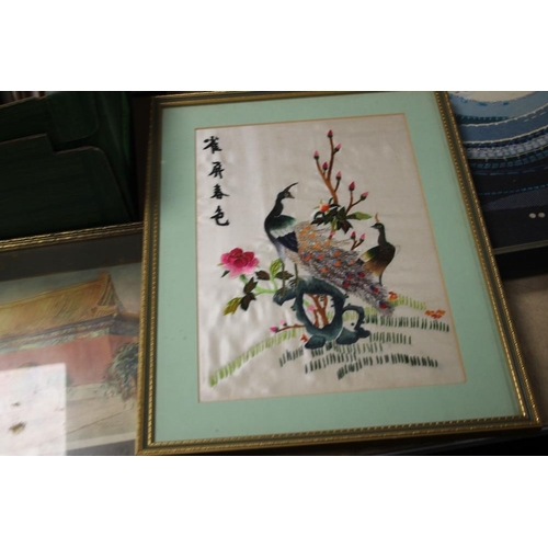 34 - THREE FRAMED AND GLAZED PRINTS TO INCLUDE A ORIENTAL SILK