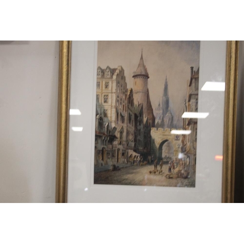 39 - A PAIR OF GILT FRAMED PICTURES UNDER GLASS OF STREET SCENES DATED 1912 AND 1914