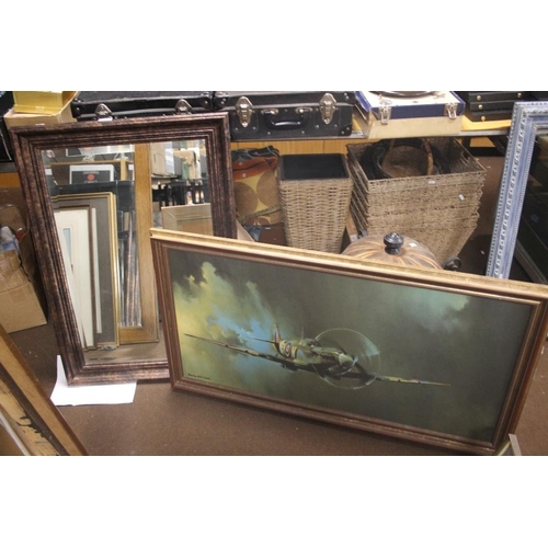 43 - A FRAMED PRINT OF A SPITFIRE TOGETHER WITH A MIRROR