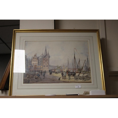 6 - EDWIN HALL (1827-1877) WATER COLOUR OF A TOWN SCENE. SIGNED TWICE, ONCE TO A BARREL (TOWN LOFT AND T... 