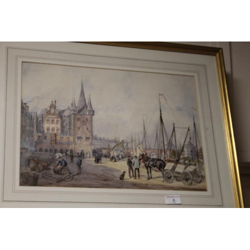 6 - EDWIN HALL (1827-1877) WATER COLOUR OF A TOWN SCENE. SIGNED TWICE, ONCE TO A BARREL (TOWN LOFT AND T... 