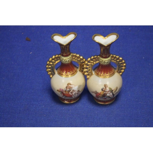 60 - A PAIR OF ROYAL VIENNA HAND PAINTED CABINET VASES SIGNED 