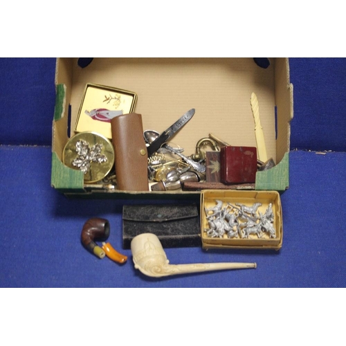 96 - A BOX OF COLLECTABLES TO INCLUDE PIPES, A WRIST WATCH, METALWARE ETC