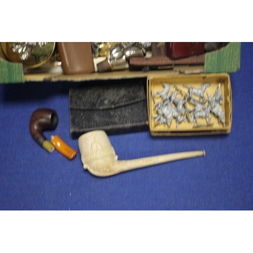 96 - A BOX OF COLLECTABLES TO INCLUDE PIPES, A WRIST WATCH, METALWARE ETC