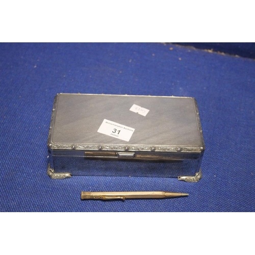 31 - A HALLMARKED SILVER BOX AND A PENCIL