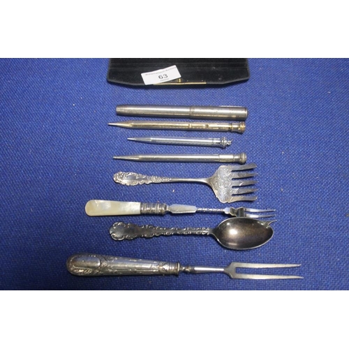 63 - A COLLECTION OF HALLMARKED SILVER AND WHITE METAL ITEMS TO INCLUDE PENS