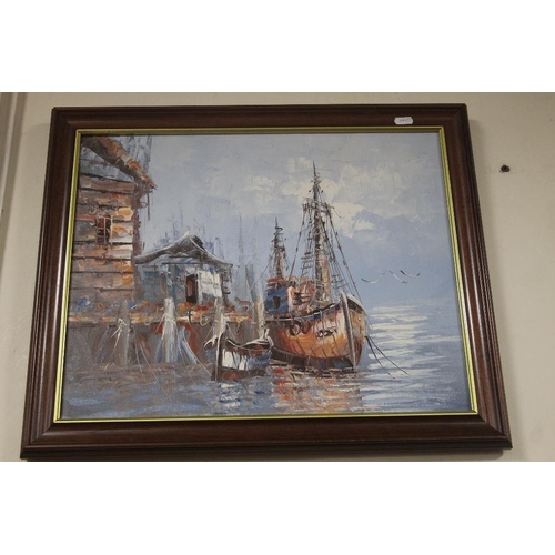 5 - A FRAMED OIL OF A HARBOUR SCENE