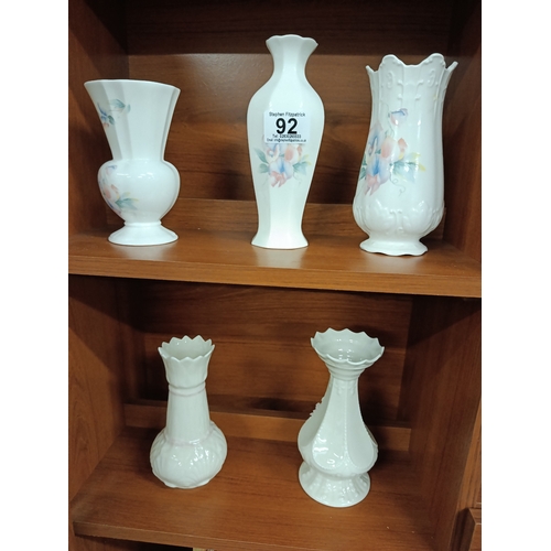 92 - LHS - Top & Middle Shelf - 3 Aynsley Bud Vases & 2 Belleek Bud Vases