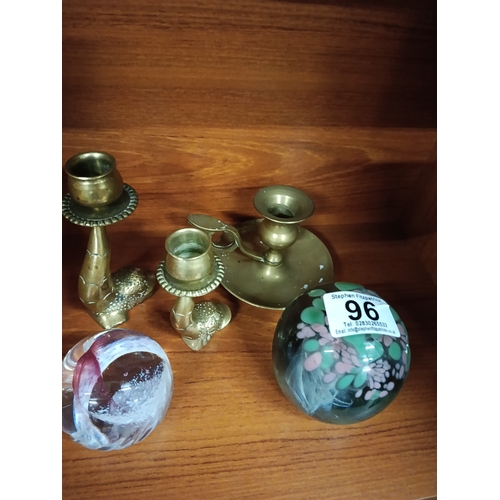 96 - 3 x Brass Candle Holders & 2 x Paper weights