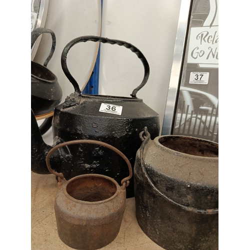 36 - Cast Iron Kettle & 2 pots