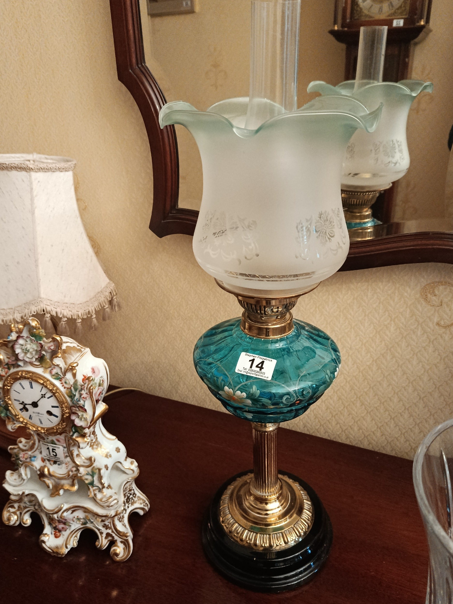 Turquoise blue glass and brass oil lamp