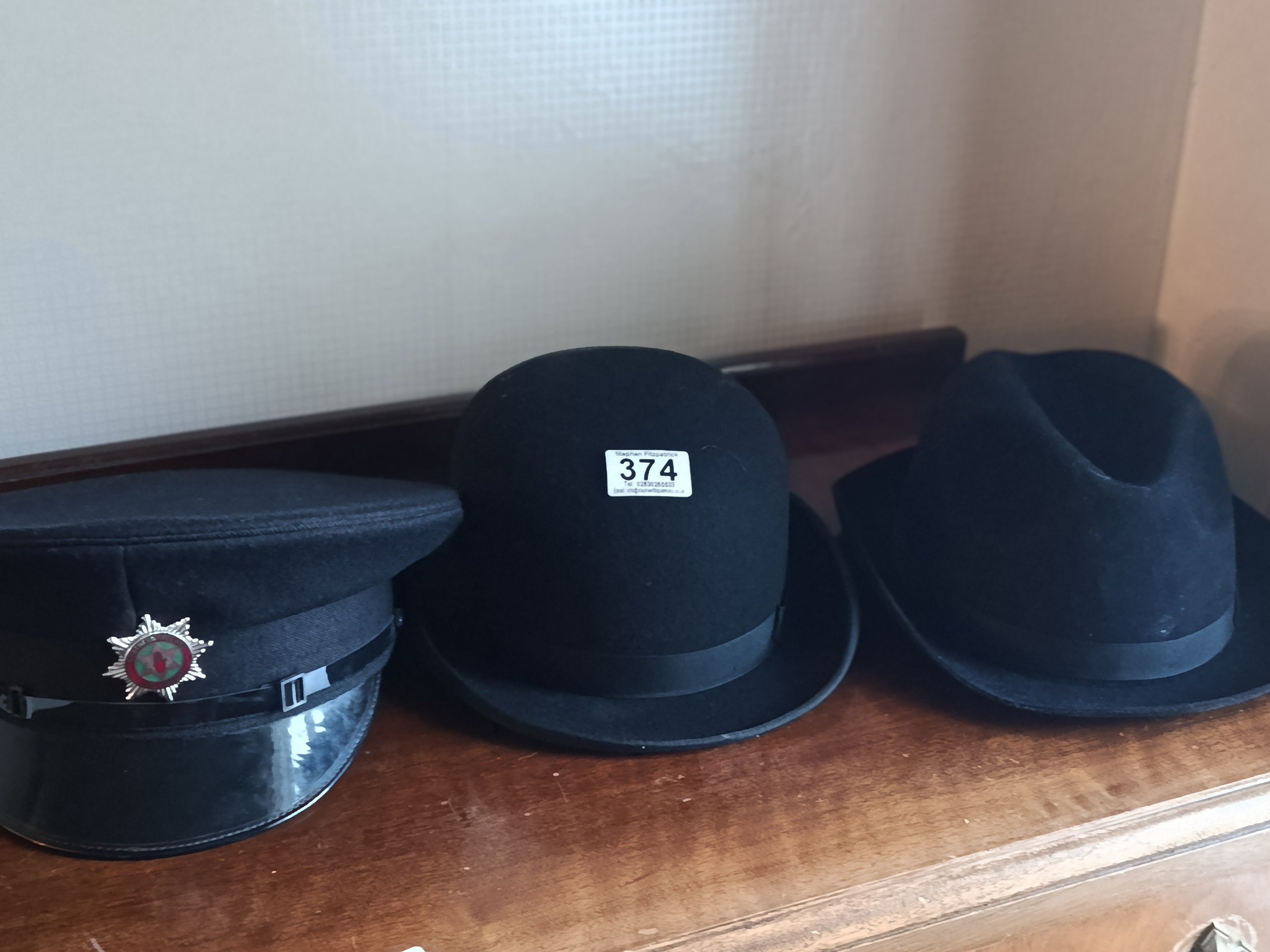 Fire brigade hat, bowler hat and gents fur felt hat